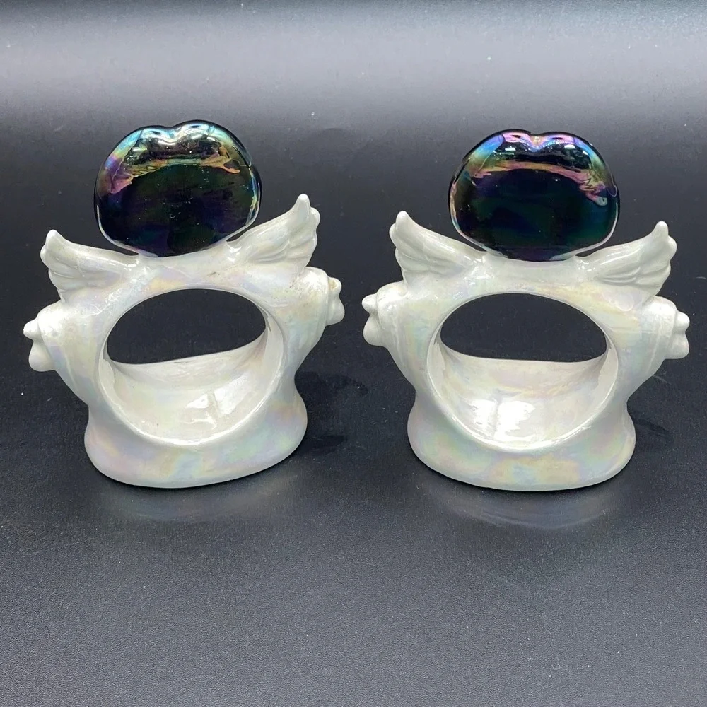 Vintage Iridescent Ceramic Angel Napkin Rings Set of 2 White Luster Winged Decor